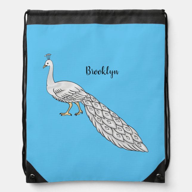 White peacock bird cartoon illustration  drawstring bag (Front)