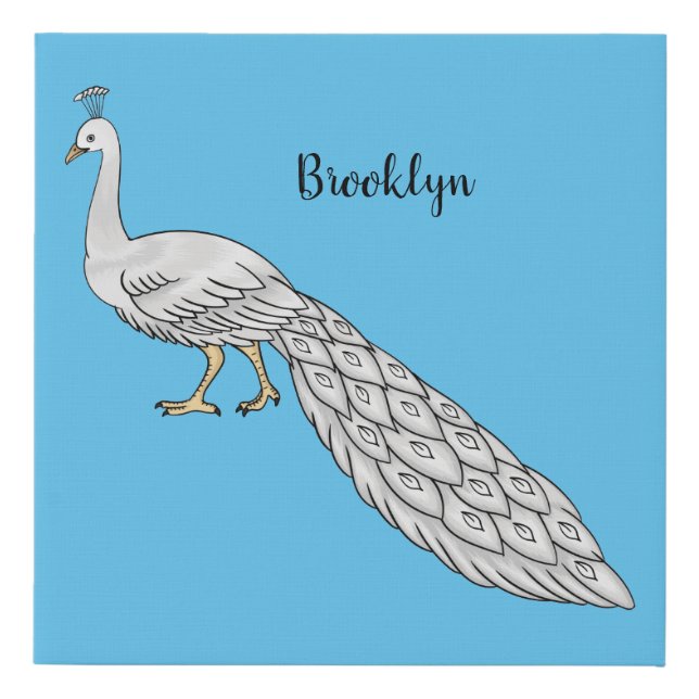White peacock bird cartoon illustration  faux canvas print (Front)