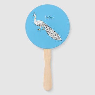White peacock bird cartoon illustration hand fan