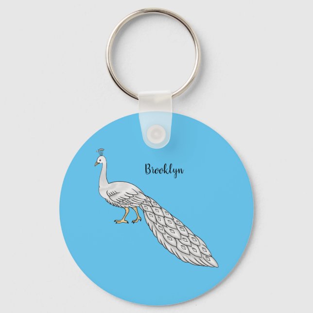 White peacock bird cartoon illustration  keychain (Front)