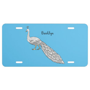 White peacock bird cartoon illustration  license plate