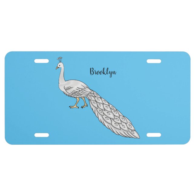 White peacock bird cartoon illustration  license plate (Front)