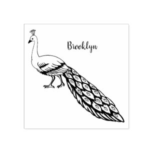 White peacock bird cartoon illustration rubber stamp