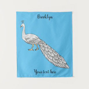 White peacock bird cartoon illustration tapestry