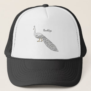 White peacock bird cartoon illustration  trucker hat