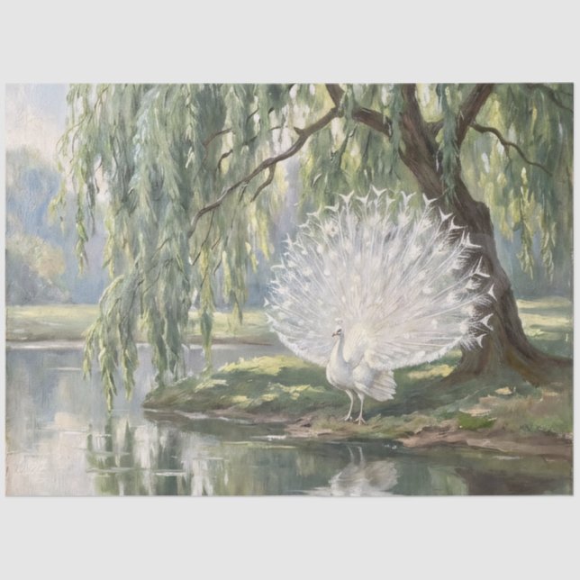 White Peacock by the Pond Decoupage Tissue Paper (Front)