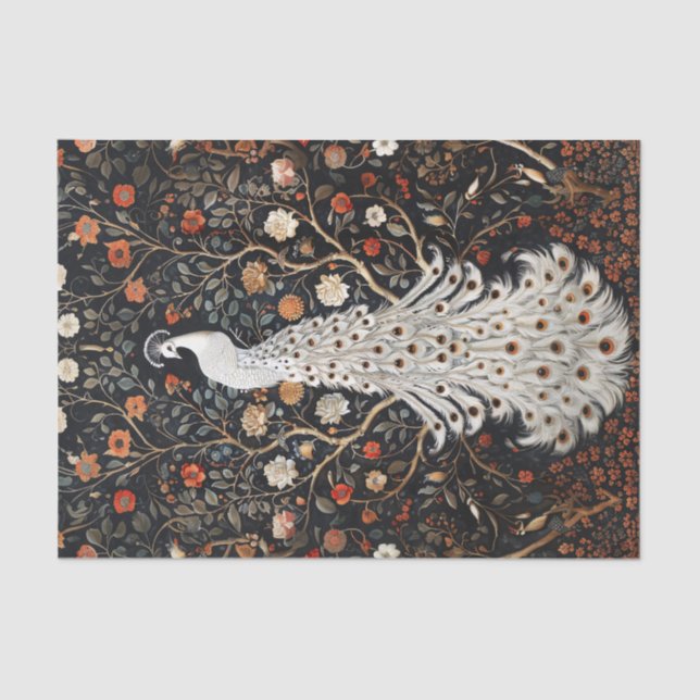 White Peacock Floral Bramble Patch Decoupage Tissue Paper (Front)