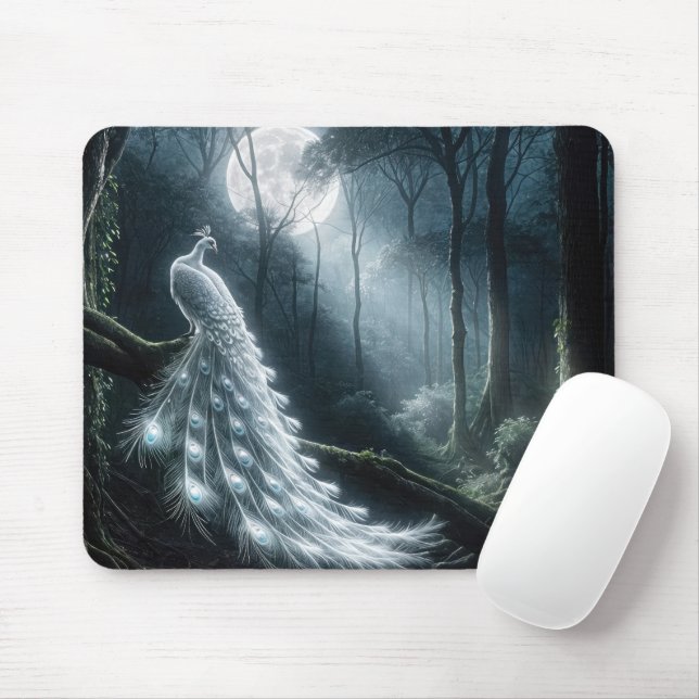 White Peacock In Moonlit Forest Mouse Pad (With Mouse)