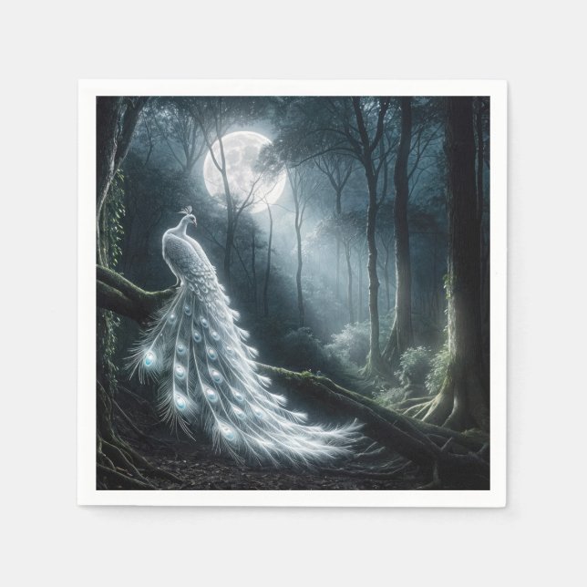 White Peacock In Moonlit Forest Napkins (Front)