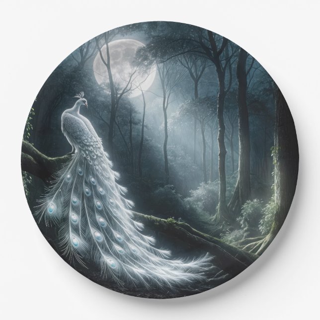 White Peacock In Moonlit Forest Paper Plates (Front)