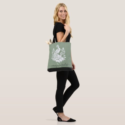 White peacock modern calligraphy sage green back tote bag