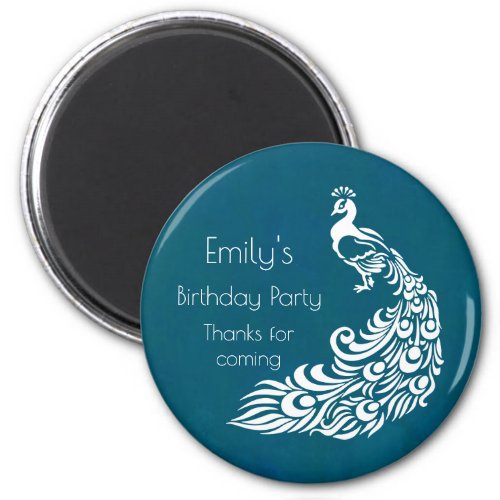 White Peacock on Teal Birthday Party Thank You Magnet