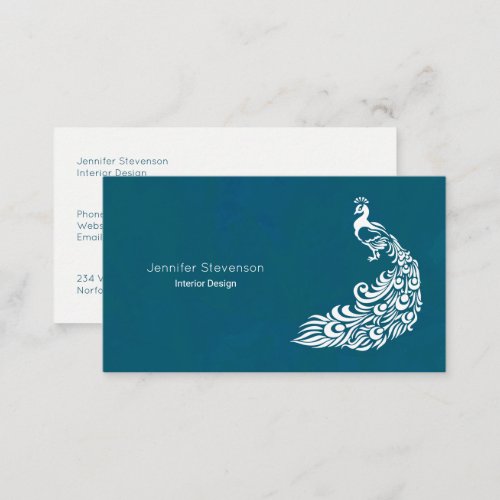 White Peacock on Teal Bold Modern Art Deco Design Business Card