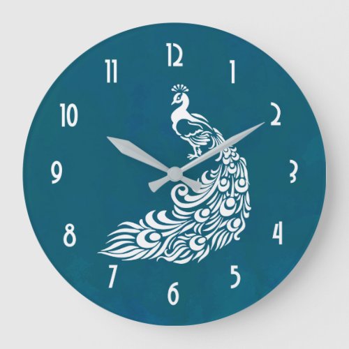 White Peacock on Teal Bold Stylish Art Deco Design Large Clock