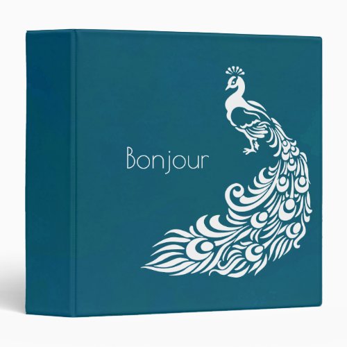 White Peacock on Teal Bonjour  Chic and Stylish 3 Ring Binder