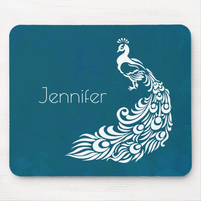 White Peacock on Teal Chic Stylish Art Deco Design Mouse Pad (Front)