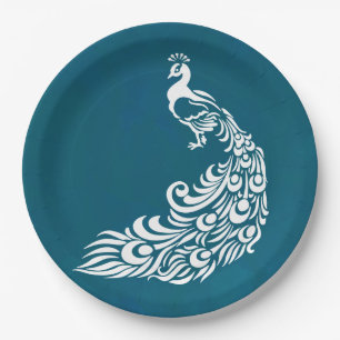 White Peacock on Teal Chic Stylish Art Deco Design Paper Plates