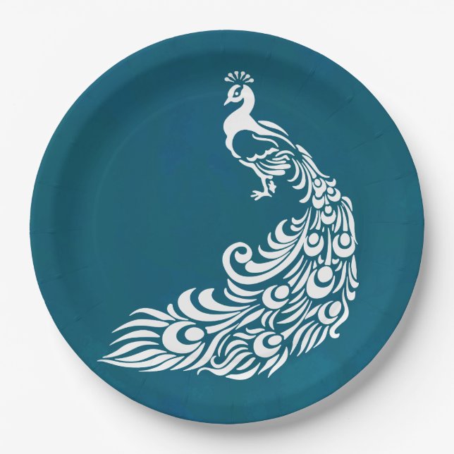 White Peacock on Teal Chic Stylish Art Deco Design Paper Plates (Front)