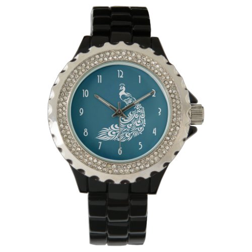 White Peacock on Teal Chic Stylish Art Deco Design Watch