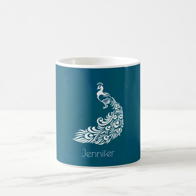 White Peacock on Teal Chic Stylish Personalized Coffee Mug (Center)