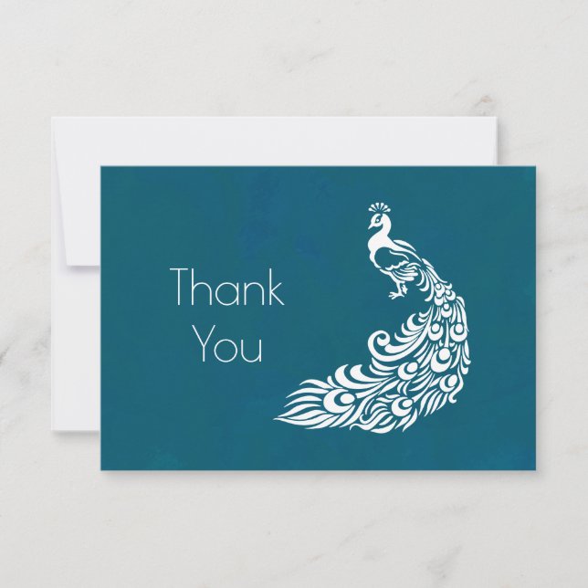 White Peacock on Teal Party Thank You (Front)