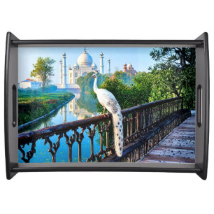 White Peacock Overlooking the Taj Mahal Serving Tray