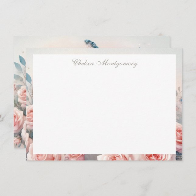 White Peacock with Blush Pink Roses Personalized Note Card (Front/Back)