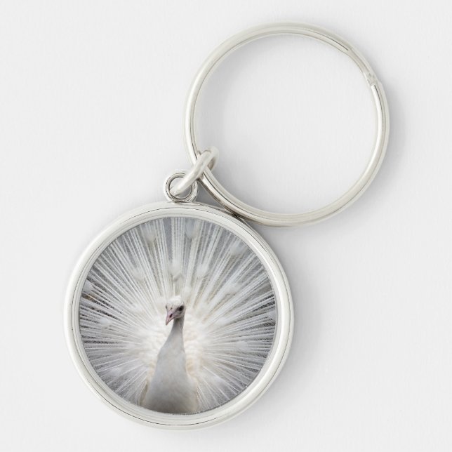 White Peacock with Fanned Feathers Keychain (Front)