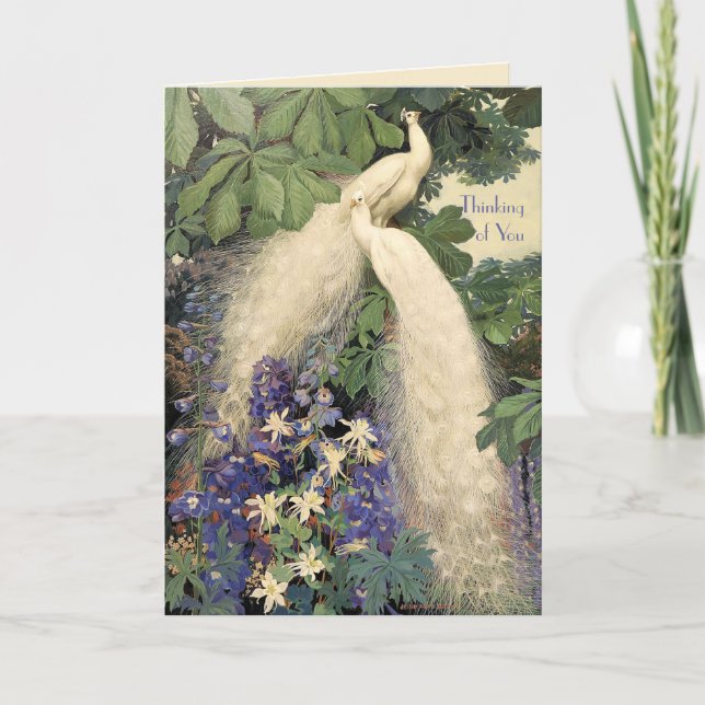 White Peacocks and Flowers Card (Front)
