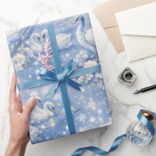 White Peacocks and Swans Fantasy Luxe Blue Wrapping Paper