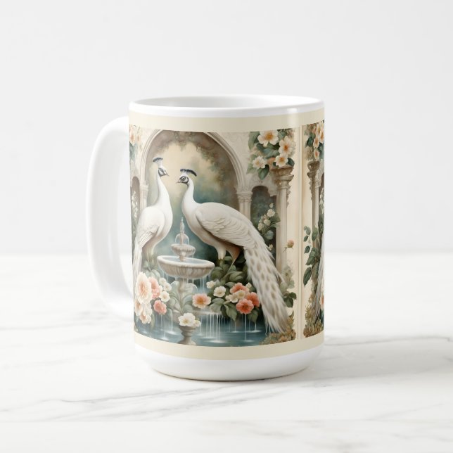 White Peacocks at the Fountain Coffee Mug (Front Left)