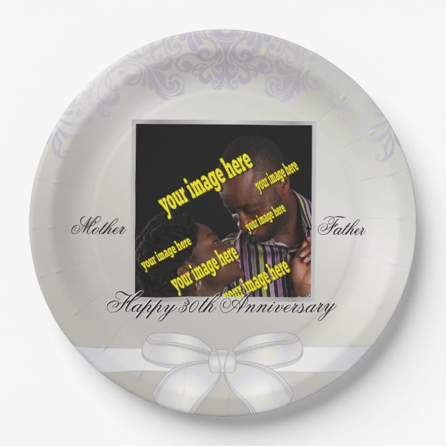 White Pearl 30th Anniversary Personalized Custom Paper Plates (Front)