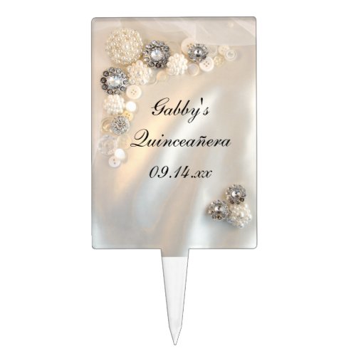 White Pearl and Diamond Buttons Quinceaera Cake Topper