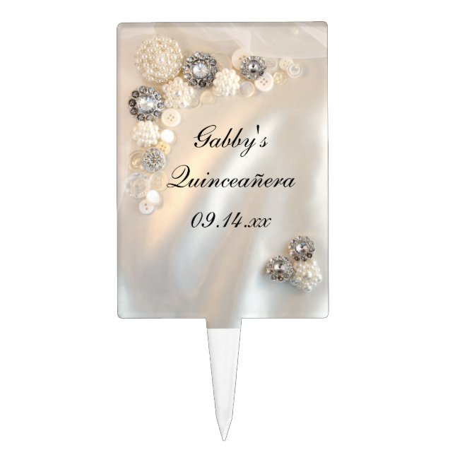 White Pearl and Diamond Buttons Quinceañera Cake Topper (Front)