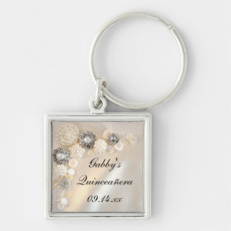 White Pearl and Diamond Buttons Quinceañera Keychain