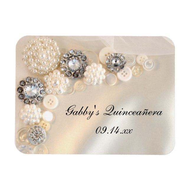 White Pearl and Diamond Buttons Quinceañera Magnet (Horizontal)