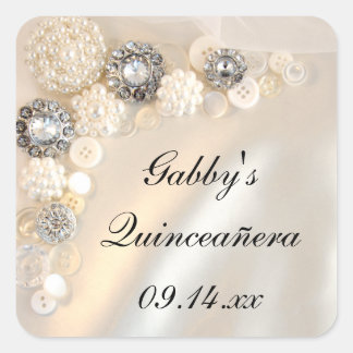 White Pearl and Diamond Buttons Quinceañera Square Sticker