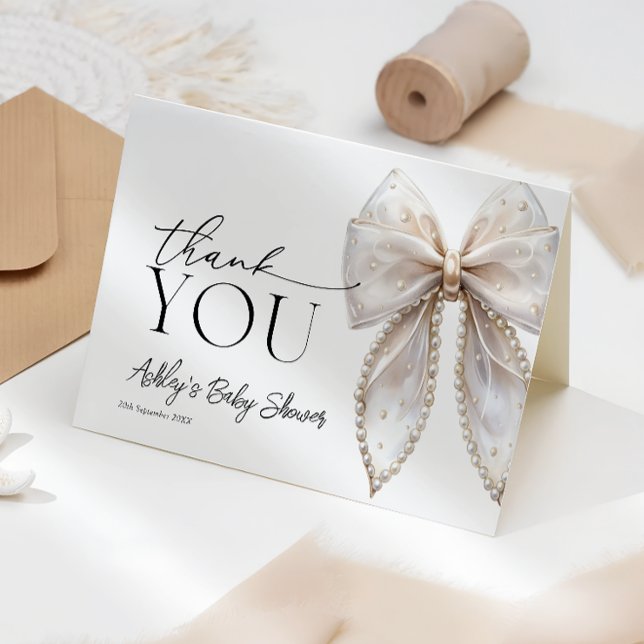 White Pearl Bow Baby Shower Thank You Card (Creator Uploaded)