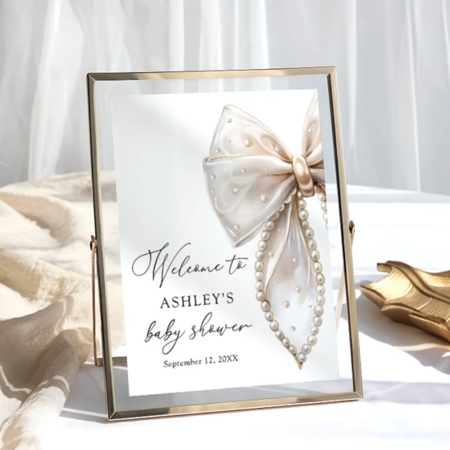 White Pearl Bow Girl Baby Shower Welcome  Poster (Creator Uploaded)