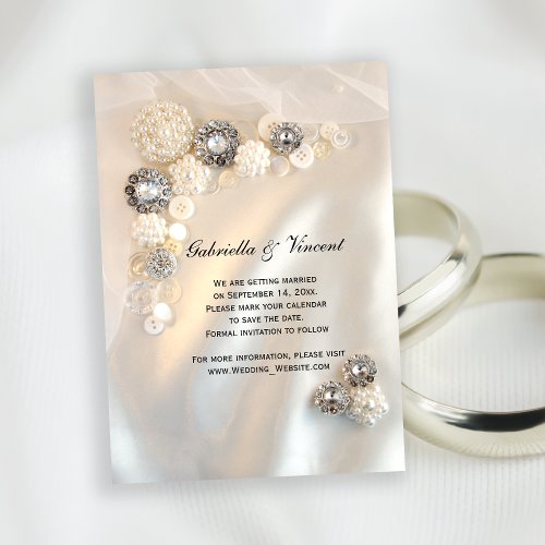 White Pearl Diamond Buttons Wedding Save the Date Invitation