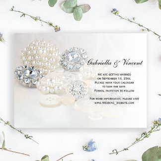 White Pearl Diamond Buttons Wedding Save the Date Invitation