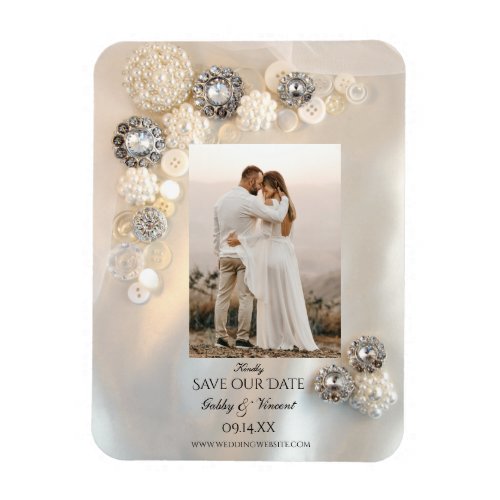 White Pearl Diamond Buttons Wedding Save the Date Magnet