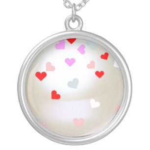 White Pearl Effect with hearts Silver Plated Necklace