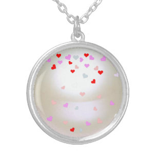 White Pearl Effect with hearts  Silver Plated Necklace