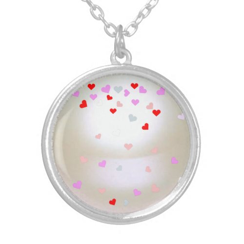 White Pearl Effect with hearts  Silver Plated Necklace