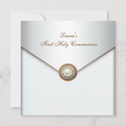 White Pearl Gold Girls First Holy Communion Invitation