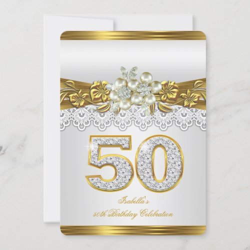 White Pearl Gold Lace Floral 50th Birthday Party Invitation