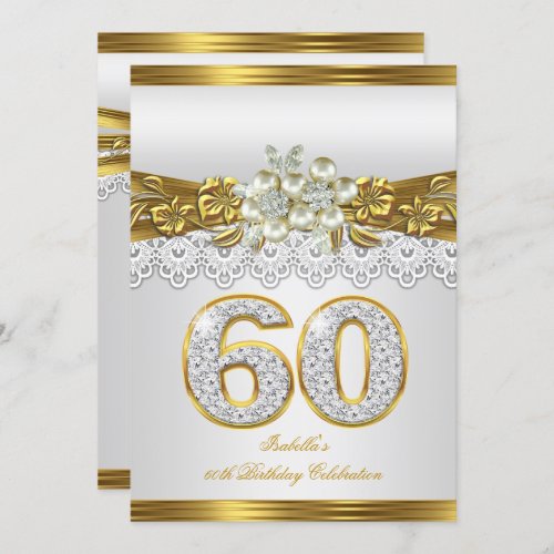 White Pearl Gold Lace Floral 60th Birthday Party Invitation