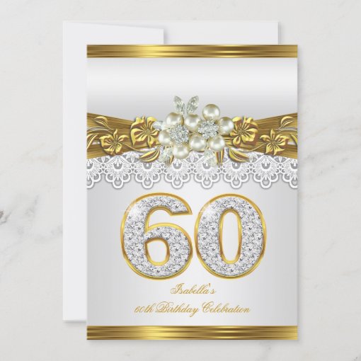 White Pearl Gold Lace Floral 60th Birthday Party Invitation | Zazzle