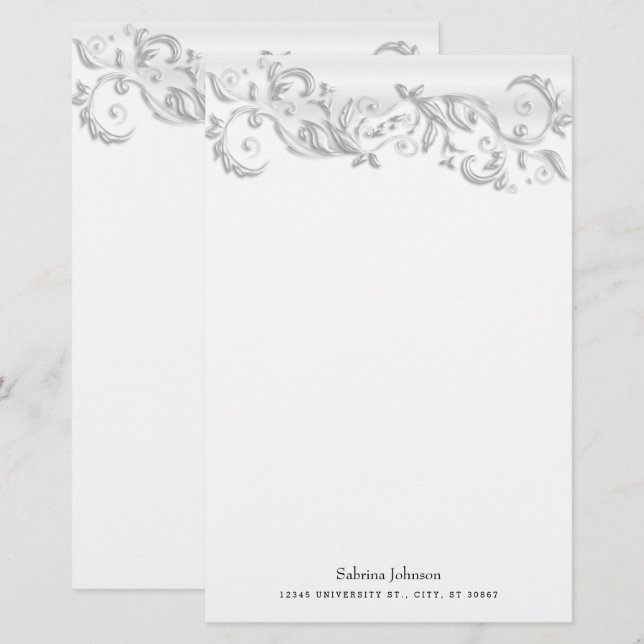 White Pearl Ornate on White Stationery (Front/Back)